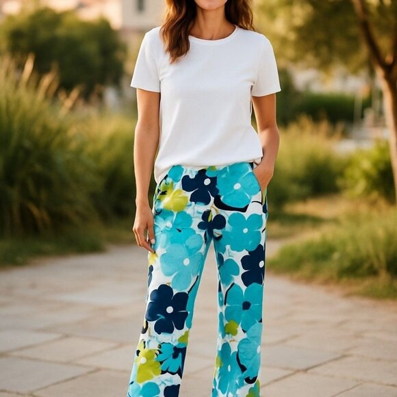 Lilly Pulitzer Big Floral Print Ankle Pants Lime Green/Turquoise 28" x 28" - Picture 2 of 9